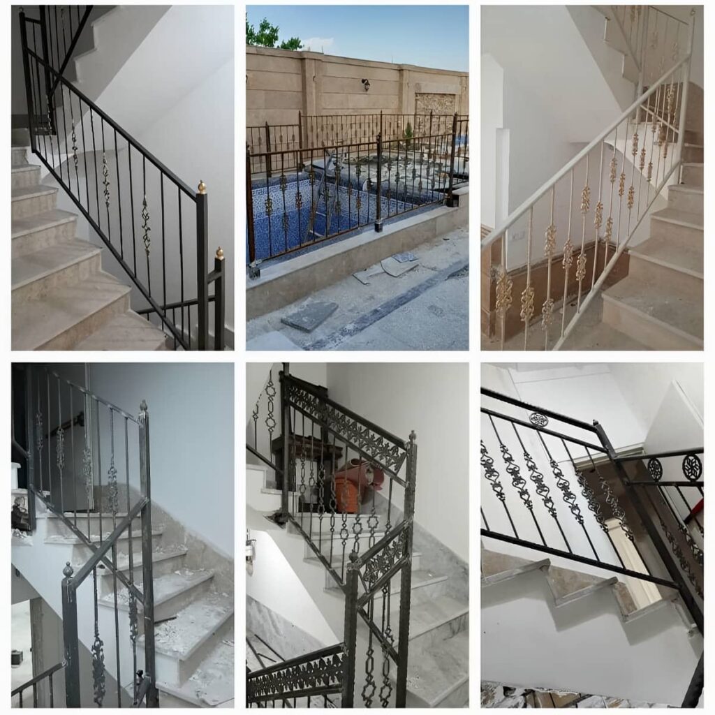 نرده فرفورژه راه پله با جزئیات گل فلزی تزئینی